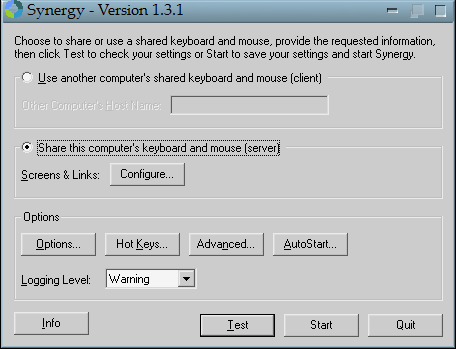 This is the main dialog window for Synergy on Win32.