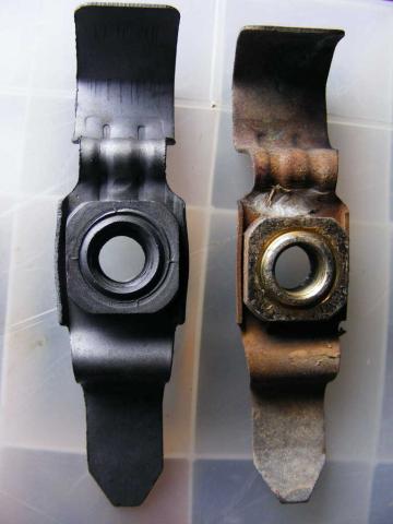 A Mahle W126 braking support rod bushing carrier retaining nut compared with a genuine OEM part